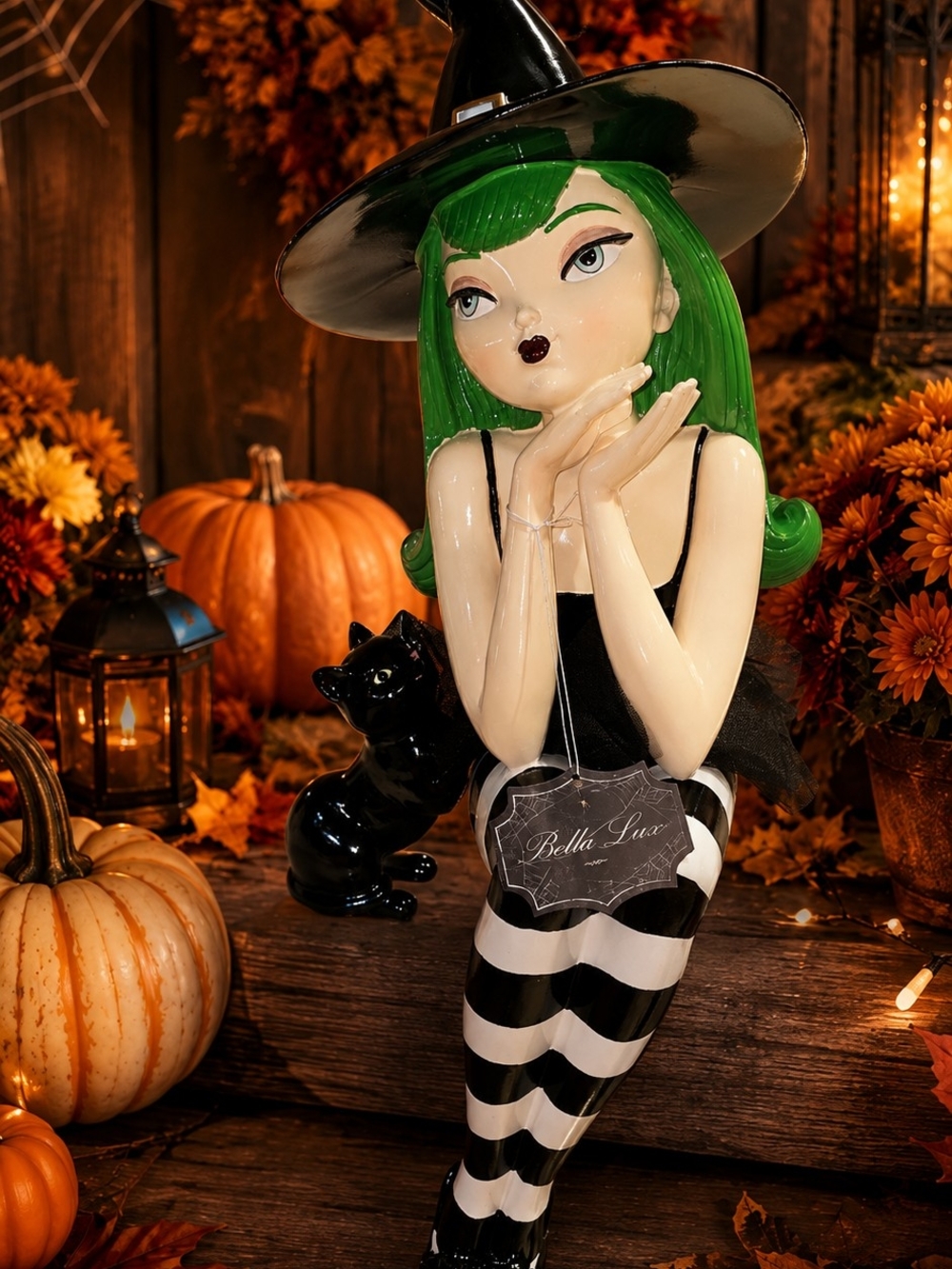 Viral Bella Luxx Green Hair Witch Figurine with Black Cat Accent